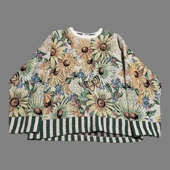 Vintage 90s Sugar Sreet Weavers Sunflower Butterfly AOP Sweater Women's Large - Picture 1 of 8